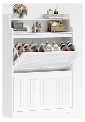 Produktbild von Schuhschrank, Schuhregal, Schuhkipper, schmal, verstellbar, Schuhaufbewahrung für Eingang, Flur, Wohnzimmer, 16 Paar, 2 Klappen (80 cm), Weiß