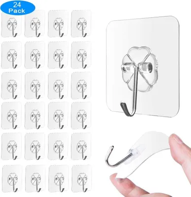 Produktbild von 24 Stücke Klebehaken ohne Bohren, Haken selbstklebend, Transparenter Wandhaken, Türhaken Kleiderhaken Wasserfest Ideal für Küche Bad Wand & Decke Aufhänger, Max 10kg