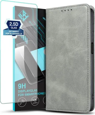 Produktbild von Handyhülle für Samsung Galaxy A25 5G mit 9H Displayglas Kunstleder Flip Cover Hülle Handytasche Case Kartenfach Farbe: Grau