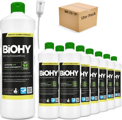Produktbild von BIOHY KFZ Autoshampoo (12x1l Flasche) + Dosierer | Konzentrat exzellente Reinigungskraft & Schaumbildung | Schützender Abperleffekt | Erzeugt einen anhaltenden frischen Duft