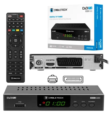 A product shot of a Cabletech DVB-T2 tuner with its remote and packaging.