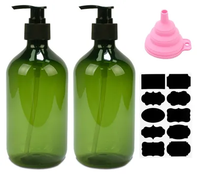 Produktbild von 2 x 500ml Seifenspender, nachfüllbare Shampooflaschen, Spülmittelspender, leere Pumpflaschen für Duschgel, Lotionen und Shampoos in Küche und Bad, mit Trichter und Etiketten (grün)