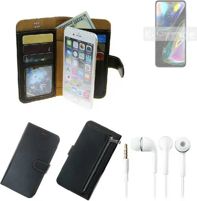 Produktbild von TOP SET Handy Hülle Schutz Hülle kompatibel mit Motorola Moto G71s  schwarz aus Kunstleder + Kopfhörer Smartphone Tasche vollwertige Geldbörse