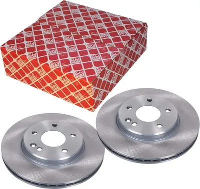 A product shot of two brake discs and their packaging.