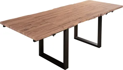 Produktbild von Baumkantentisch 140 (220) x 90 cm Barcelona, Akazienholz massiv & stonefarben, Esstisch inkl. 2 Ansteckplatten 40 x 90 cm, echte Baumkante, U-Metallgestell in Schwarz