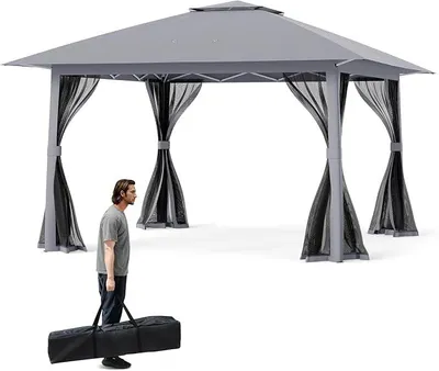 Produktbild von Pavillon 4x4 m, Gartenpavillon höhenverstellbar, Wasserdicht Stabil Winterfest, Pop Up Faltpavillon mit 4 Moskitonetz, Doppeldach, Tragetasche, Gartenzelt für Party Picknick Camping (Grau)