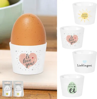 Produktbild von Eierbecher 4er Set 4 Motive Porzellan weiß 5x4cm weiß Halter für Eier Gute Laune Sprüche Eierhalter