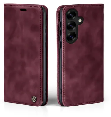 A burgundy flip-style phone case is shown from two angles, open and closed.