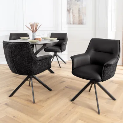 Produktbild von riess-ambiente Drehbarer Stuhl LE GRAND schwarz Echtleder Strukturstoff Metallgestell mit Armlehne Esszimmerstuhl Essstuhl Polsterstuhl