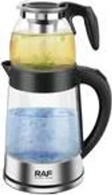 A glass electric tea maker with a black handle and silver base, filled with yellow liquid in the top chamber and blue liquid in the bottom chamber.