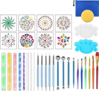 Produktbild von 35-teiliges Mandala-Malset für Mandalas auf Kieselsteinen, Punktierpinsel, Palette, Schablonenkunst, Prägung, Basteln, Töpfern