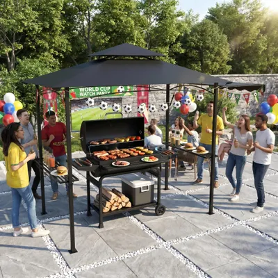 Produktbild von YARDIN Schwarz Grillpergola 245x153x250cm, Doppeldach für gute Luftzirkulation, rostbeständiger Metallrahmen mit Ablagen für Grillutensilien