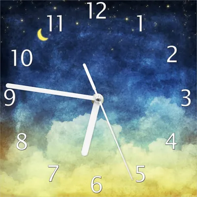 Produktbild von Wallario Design Wanduhr Wolkenhimmel mit Mond und Sternen aus Echtglas, Größe 20 x 20 cm