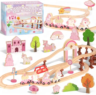 Produktbild von Holzeisenbahn 74-teilig, rosa Thema, Einhorn Spielzeug, für Kinder 3-5 Jahre, Rollenspiel