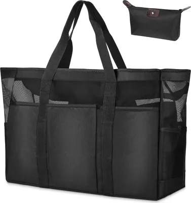 Produktbild von flintronic Strandtasche Familie mit Reißverschluss, 50.7*35.5*18CM Extra Große Reisetasche Strandtasche Damen, Mesh Beach Bag Shopper Faltbare Schultertaschen Badetasche mit Kosmetiktasche, Schwarz