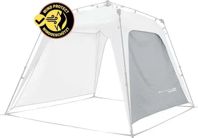 A light gray side panel attached to a white pop-up pavilion or gazebo frame.