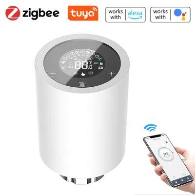 A smart thermostat valve is shown with logos of compatible smart home systems and a smartphone displaying its app interface.