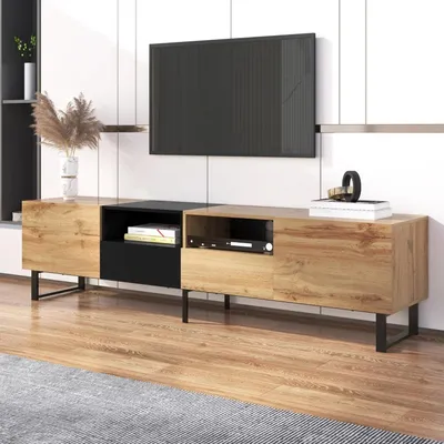 Immagine prodotto di Mobile TV - Mobiletto TV - Credenza TV - Mobile multimediale - Basso mobile - Design moderno, legno nero - Ampio spazio di stoccaggio