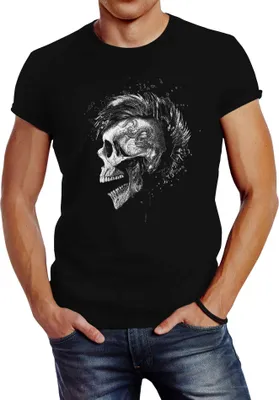 Produktbild von Herren T-Shirt Punk Mohawk Skull Totenkopf Irokese Shirt Slim Fit Neverless® schwarz L