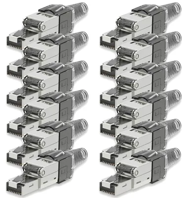 Produktbild von Netzwerkstecker CAT 7 Werkzeuglos 12 RJ45 Netzwerk Stecker geschirmt Metall Grau