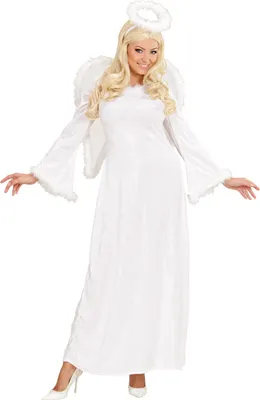 A woman dressed as an angel, posing against a white background.