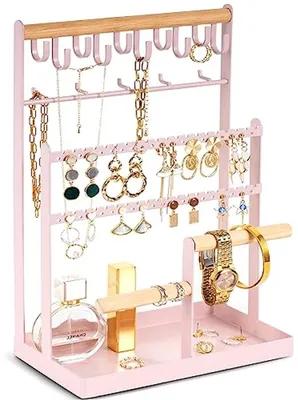Schmuck Organizer Ständer mit 6 Ebenen und 15 Haken - Schmuckdisplay für Halsketten, Ohrringe, Armbänder und Ringe - Rosa