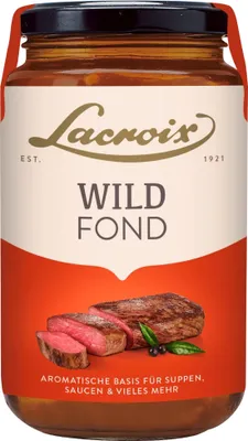 A jar of Lacroix Wild Fond with an image of sliced steak and garnishes.