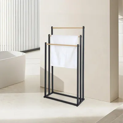 Image de Porte-serviettes sur pied à 3 barres - Finition métal et bois