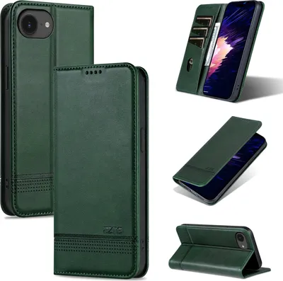 Immagine prodotto di Custodia in pelle per iPhone 16e, custodia pieghevole a portafoglio con chiusura magnetica e supporto verde