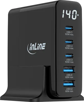 Produktbild von InLine USB PD Netzteil, GaN Ladegerät, 5-Port, USB-C + USB-A, 140W, mit Display, Drinnen, AC, 20 V, Schwarz