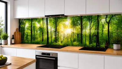 Produktbild von Raumwand Küchenrückwand Wald 5mm Acrylglas als Spritzschutz Küchenwand wasserfest, inkl. UV- Direktdruck und Weißhinterlegung 260 x 60 cm