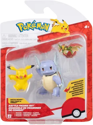 Produktbild von Das 3er-Pack mit Pokémon-Kampf-Figuren enthält 2-Zoll-Figuren von Pikachu und Flapple sowie eine 3-Zoll-Figur von Wartortle