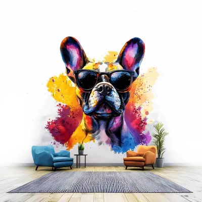 Französische Bulldogge mit Sonnenbrille und Aquarellspritzern – Decords Wandtattoo, Produktansicht 1