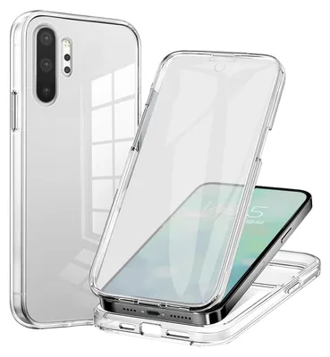 A clear phone case is shown with a phone inside, demonstrating how it fits.