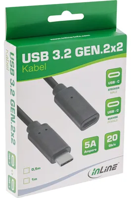 Produktbild von InLine USB 3.2 Gen.2x2 Kabel, USB-C Verlängerung ST/BU, schwarz, 0,5m, 0,5 m, USB C, USB C, USB 3.2 Gen 2 (3.1 Gen 2), Schwarz