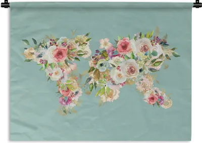 Produktbild von MuchoWow® Wandteppich Wandbehang Weltkarte - Blumen - Pastell 90x67.5 cm Tapisserie Dekoration Wandtuch - Fototeppich - Wand-Skulpturen