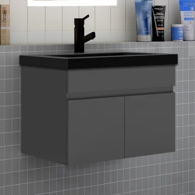 Produktbild von Badezimmer Badmöbel 60 cm Schwarz Waschtisch mit Unterschrank Hängeschrank Badezimmerschränke Badschrank mit 2 Türen Anthrazit
