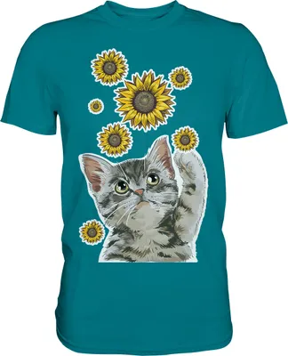 Produktbild von Katze Sonnenblumen Shirt Gärtner Kätzchen Garten Motiv – Diva Blue / XXL
