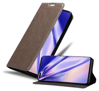 A brown leather-like phone case is shown open, with a smartphone inside. Another smartphone is displayed separately in front of the case.