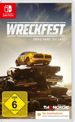 The image shows the game box for Wreckfest on Nintendo Switch, featuring a pile of wrecked cars with a yellow car on top.