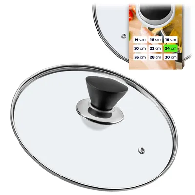 A close-up of a glass pot lid with a black handle, with an inset image showing a size chart.