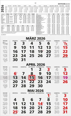 Produktbild von Zettler 3-Monatskalender schwarz/rot 2026 - Wandkalender 30 × 49 cm, 3 Monate pro Blatt mit Datumschieber, Jahresübersicht, Ferien, Wochenzählung, Kopftafel 15 cm, perforiert, Kalendarium deutsch