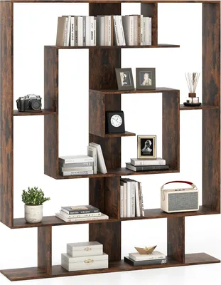 Produktbild von GOPLUS Regal, geometrisches Bücherregal mit offenen Fächern, Würfelregal mit offener Rückseite, Raumteiler Regal mit Kippschutz, Rustikales Braun
