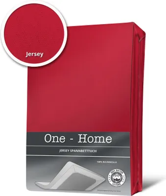 A red fitted sheet is shown folded and packaged, with a close-up inset of the fabric texture labeled 'Jersey'.
