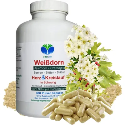 Produktbild von Weissdorn Weißdorn 360 Pulver Kapseln - Blätter Blüten Beeren - Ohne Zusatzstoffe Natur Pur.