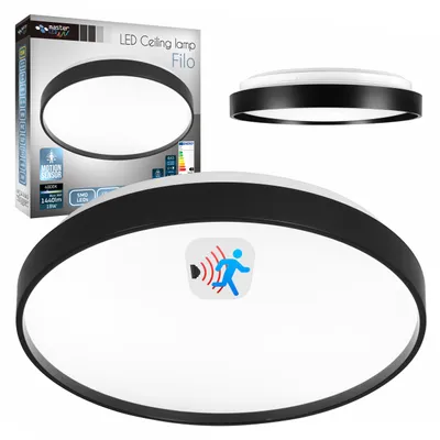 A product shot of a ceiling lamp with packaging and a close-up view.