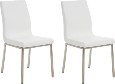 Two white dining chairs with metal legs on a white background.
