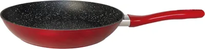 A red frying pan with a speckled black interior and a red handle is shown against a white background.