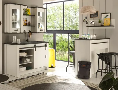 Produktbild von Küche mit Theke "Stove" in weiß Pinie Küchenschrank Set 6-teilig