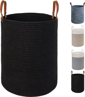 Produktbild von Große Wäschebox aus Stoff im geflochtenen Design mit Ledergriff, zusammenklappbar